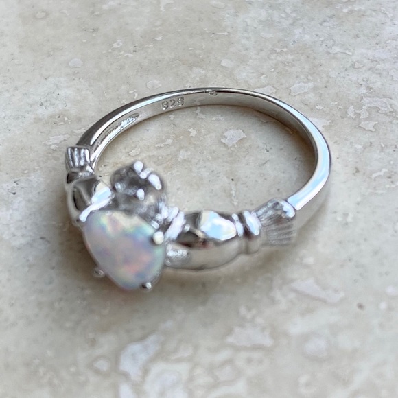 Sterling Silver White Lab Opal Claddagh Ring, Irish Rings, Silver Heart Ring - Picture 8 of 8